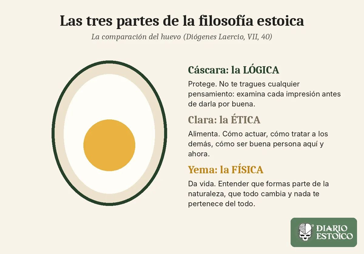 Esquema de las tres partes de la filosofía estoica según la comparación del huevo: lógica, ética y física